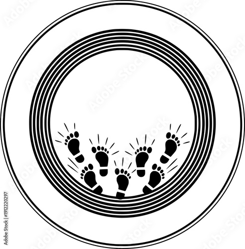 Circular frame design with tiny baby footprints inside a multi-layered round border, black and white vector illustration.