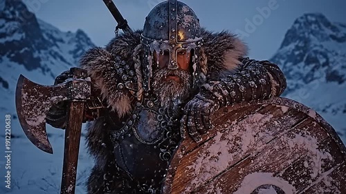 Viking warrior in fur armor holding axe and shield in snowy mountains.