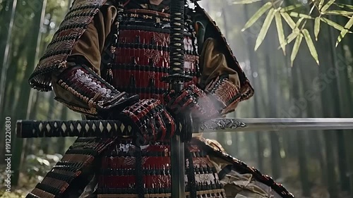 Samurai warrior in traditional armor holding a sword in a bamboo forest.