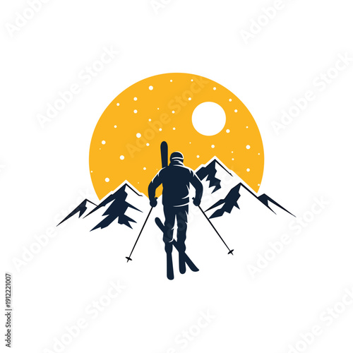 Winter alpine adventure illustration of a skier ascending snowy peaks under a stylized sun.