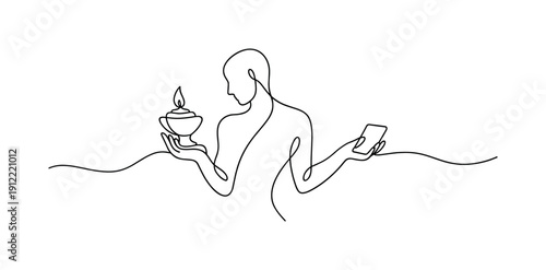 Eternal Present. Minimalistic one-line drawing human figure connecting past traditions with present-day minimal form,