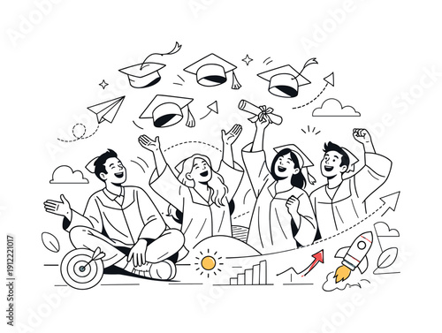 Graduation day highlight. Caps mid-air above relaxed graduates, body language showing relief and happiness. Clean,