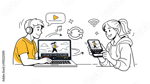 Watching videos with captions. Laptop and smartphone showing the same video, subtitles synchronized across screens.