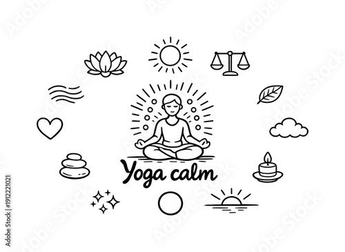 Yoga Calm Doodle. Yoga calm. Hand-drawn doodle illustration of Yoga calm. In the middle, one slightly larger central