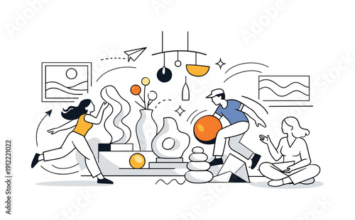 Modern Luxury Harmony. Modern luxury interior accents. Sculptural decor pieces and art objects arranged in a clean,