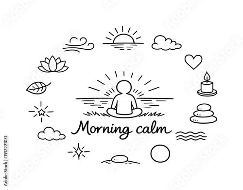 Morning calm. Hand-drawn doodle illustration of Morning calm. In the middle, one slightly larger central doodle drawing