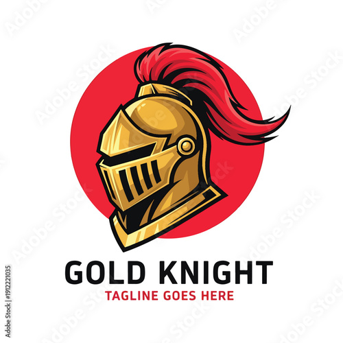 Golden Knight Helmet Emblem Illustration with Red Plume. Medieval Warrior Headwear Icon Design.