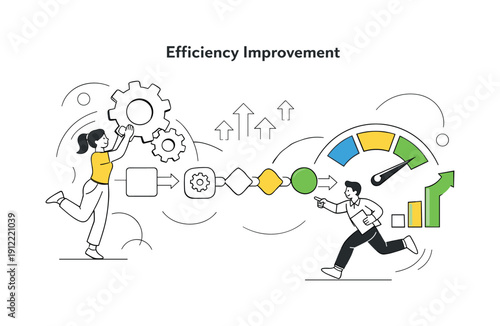 Efficiency Improvement. Gears and process blocks aligning into a smoother sequence, speed indicators rising gently.