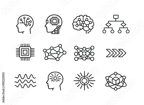 Artificial intelligence mind. Line outline icon set of Artificial intelligence mind: AI head, thinking machine,