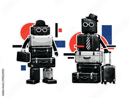 Conceptual modern graphic collage showing two anthropomorphic characters built from stacked old suitcases, black and