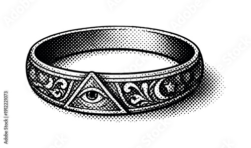 An antique silver ring darkened with age, engraved details reduced to graphic lines and halftone dots, slightly angled