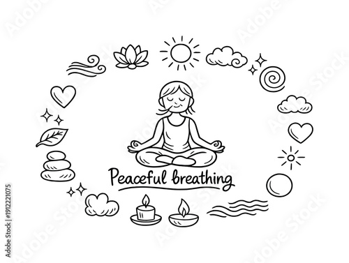 Peaceful breathing. Hand-drawn doodle illustration of Peaceful breathing. In the middle, one slightly larger central