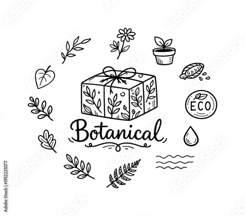 Botanical package style. Hand-drawn doodle illustration of botanical package style. In the middle, one slightly larger