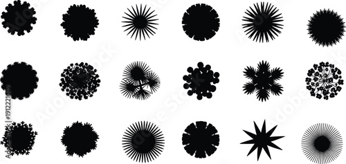 Black Tree Top View Silhouettes, Circular Bush and Shrub Canopies, Aerial Landscape Plan Icons, Botanical Vector Design Set Collection Illustration
