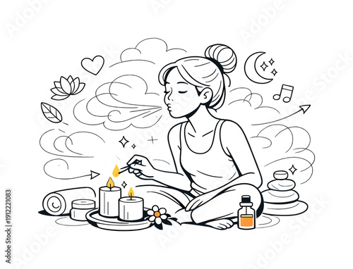 e elements are cSelf-care routine & relaxation. Person lighting candles and exhaling slowly, soft shapes suggesting calm