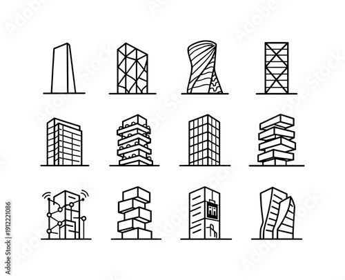 Modern Architecture Icons. Modern architecture towers. Line outline icon set of Modern architecture towers: minimalist