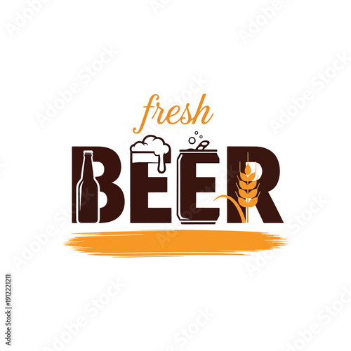 Fresh Beer Typography Design Emblem with Bottle Mug Can Wheat Stalk Vector Illustration
