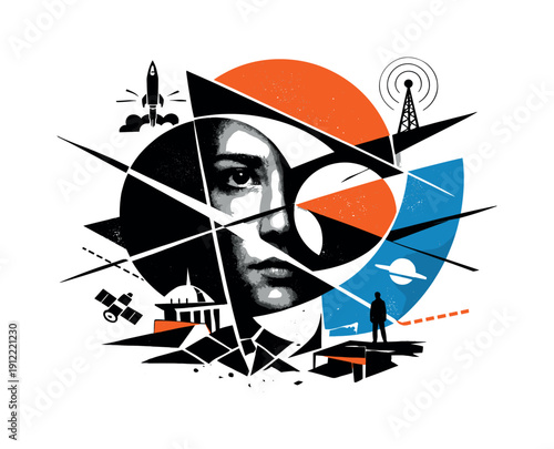 Abstract lost tomorrow silhouette with distorted scale and fragmented geometry, black and white realistic face partially