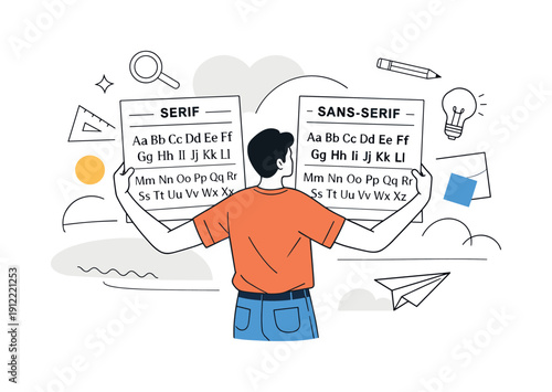 Typography Collection. Person comparing serif and sans-serif cards side by side, alphabet rows aligning neatly in space.