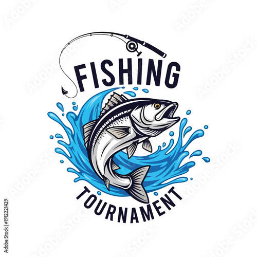 Vibrant illustration of a game fish leaping from splashing water with a fishing rod for an outdoor tournament