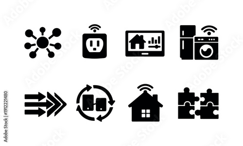 IoT home systems. Filled icon set of IoT home systems: internet of things nodes, smart plugs, home dashboard, connected