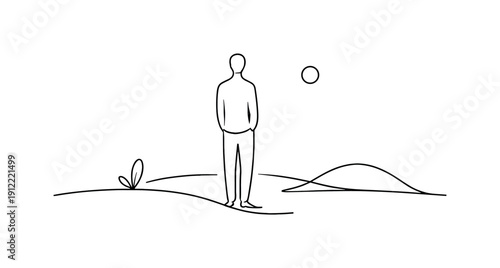 shReduced World. Minimalistic one-line drawing simplified human figure within minimal abstract environment symbolizing