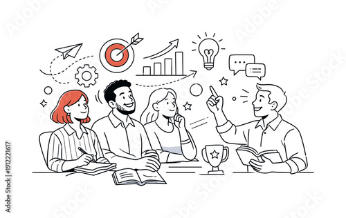 Team learning and development. Group of professionals listening attentively, one person asking a question while others