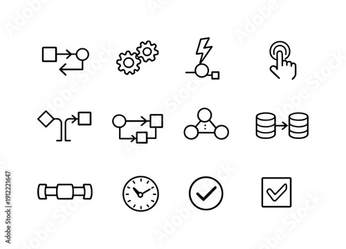 Automation workflow. Line outline icon set of Automation workflow: process flow, automation gears, trigger event, action