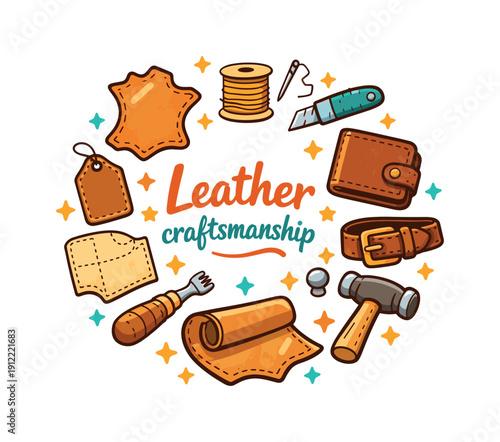 Leather craftsmanship. Hand drawn illustration of Leather craftsmanship. leather hide, stitching needle, waxed thread,