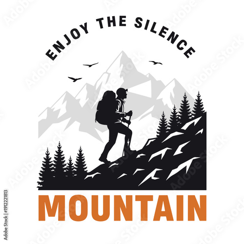 Vector illustration: a person hiking up a mountain trail, enjoying the silence of nature.