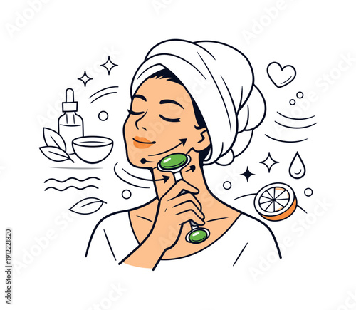 Facial skincare ritual. Hand guiding a facial roller along the jawline, gentle curves and motion lines showing technique