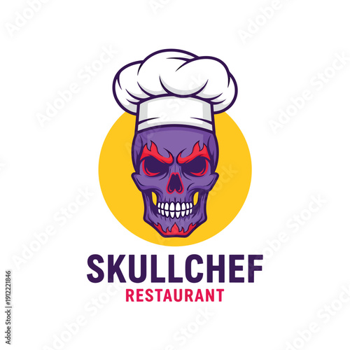 Fierce purple skull chef character logo illustration for a bold restaurant brand identity graphic design.