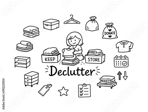 Wardrobe decluttering. Hand-drawn doodle illustration of wardrobe decluttering. In the middle, one slightly larger
