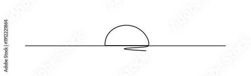 Quiet Horizon. Minimalistic one-line drawing of the sun touching the horizon line at sunset, continuous single black