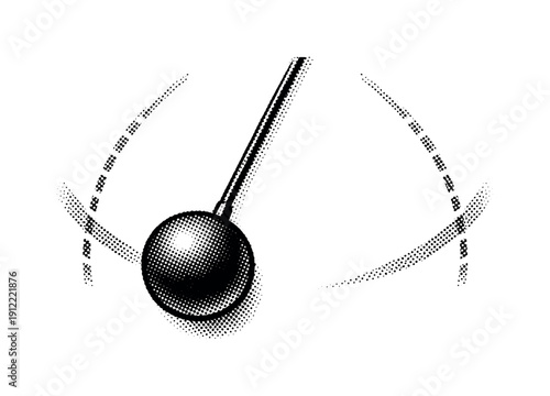 A pendulum frozen at the midpoint of its swing, perfectly still yet implying motion, rendered as a black and white
