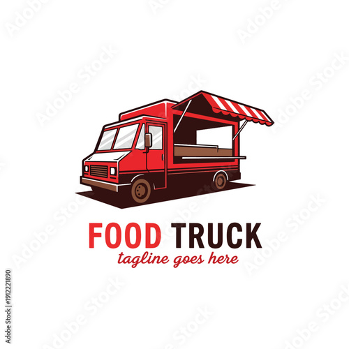 Vibrant Vector Illustration of a Classic Red Food Truck with Awning for Mobile Catering Business Design