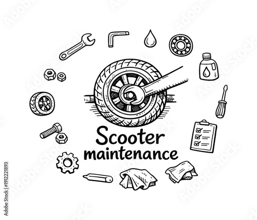 Scooter maintenance. Hand-drawn doodle illustration of Scooter maintenance. In the middle, one slightly larger central