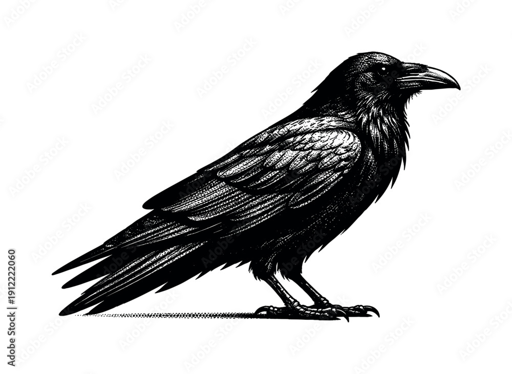 Fototapeta premium Black raven shown in profile perched as a single isolated figure, feathers rendered as bold graphic shapes, black and