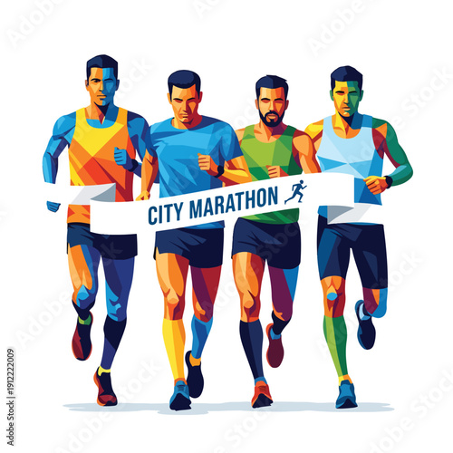 Dynamic City Marathon Race: Vibrant Geometric Vector Illustration of Male Runners