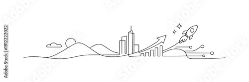 Digital Growth Landscape. Website Hero Illustration. Minimalistic one-line drawing of a modern abstract landscape