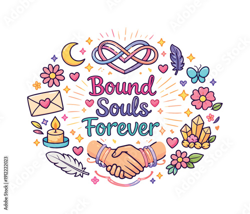 Bound Souls Forever. Hand drawn illustration of Bound Souls Forever. soul knot, infinity heart, glowing thread, clasped