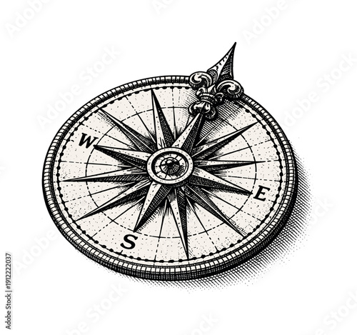 Antique map compass rose shown slightly angled and partially cropped, decorative north arrow emphasized, black and white