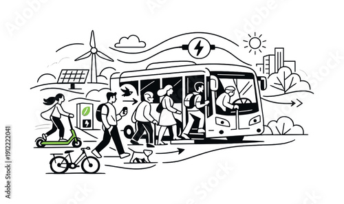 Green urban mobility. People boarding electric public transport, city elements kept minimal, energy flow shown with soft