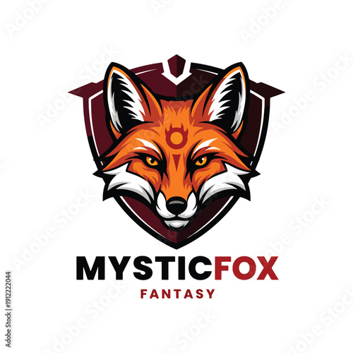 Bold frontal illustration of a stylized fox head emblem, a powerful digital mascot for gaming fantasy concepts.