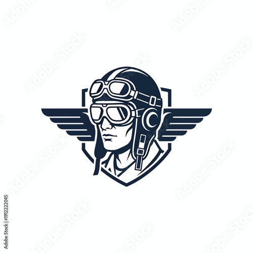 Vintage Aviator Profile with Goggles and Helmet, Winged Shield Vector Emblem Design