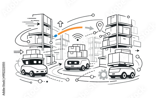 Smart fulfillment center robots. Compact robots navigating aisles, shelves rising around them, seamless teamwork between