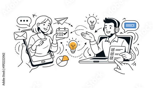 Next-generation virtual assistants. Friendly AI figures emerging from devices, hands gesturing while helping users with