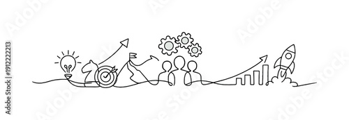 Business Website Hero. Minimalistic one-line drawing of interconnected elements symbolizing strategy, teamwork, and