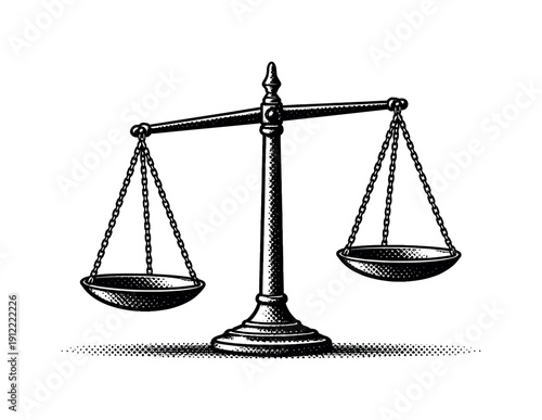A simple balance scale with one side visibly lowered but holding nothing, centered and minimal, rendered as a black and