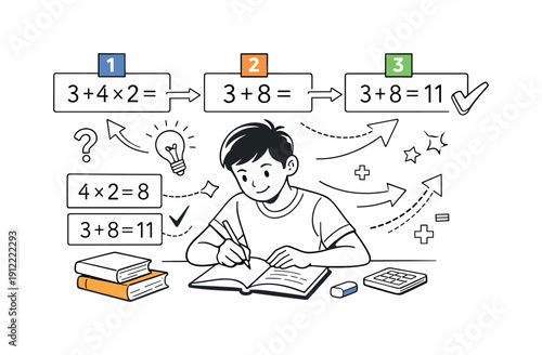 Learning mathematics step by step. Student working through equations with guidance cues, calm concentration and progress